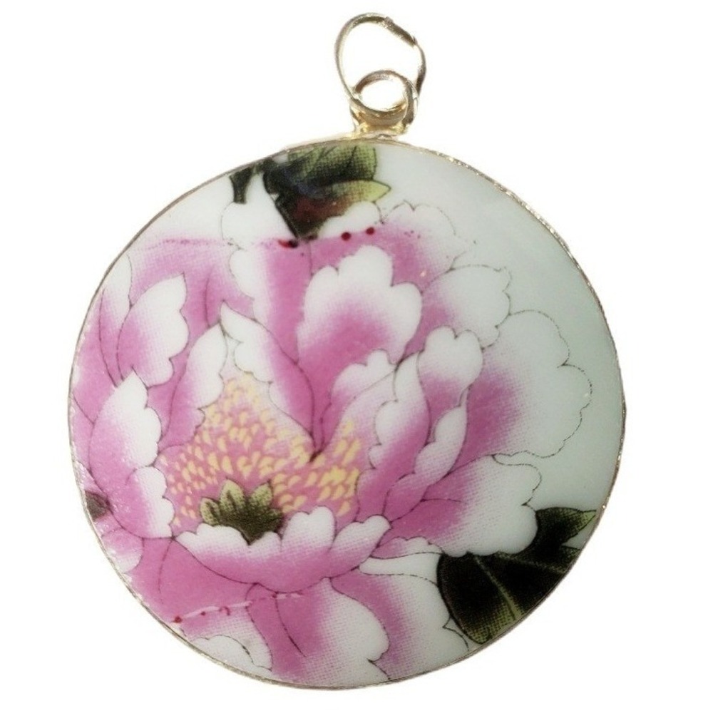 Vintage Transferware China‎ Pottery Shard Pendant Pink Peony Floral Round Silver